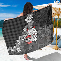 Black Palaka Hawaiian And Japanese Sarong Maneki Neko And Sakura Bloom DT05 One Size 44 x 66 inches Black - Polynesian Pride