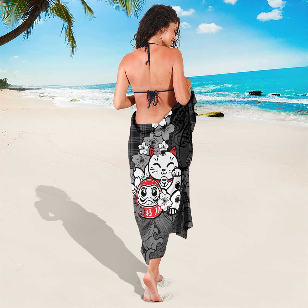 Black Palaka Hawaiian And Japanese Sarong Maneki Neko And Sakura Bloom DT05 - Polynesian Pride