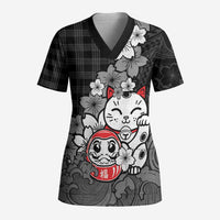 Black Palaka Hawaiian And Japanese Scrub Top Maneki Neko And Sakura Bloom