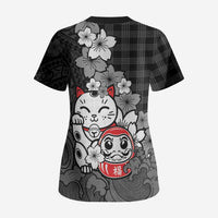 Black Palaka Hawaiian And Japanese Scrub Top Maneki Neko And Sakura Bloom