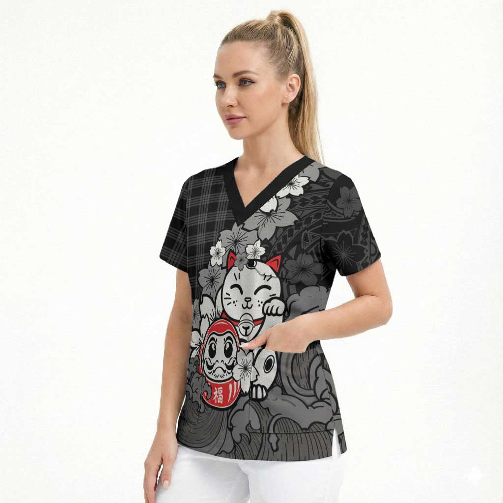 Black Palaka Hawaiian And Japanese Scrub Top Maneki Neko And Sakura Bloom