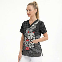 Black Palaka Hawaiian And Japanese Scrub Top Maneki Neko And Sakura Bloom