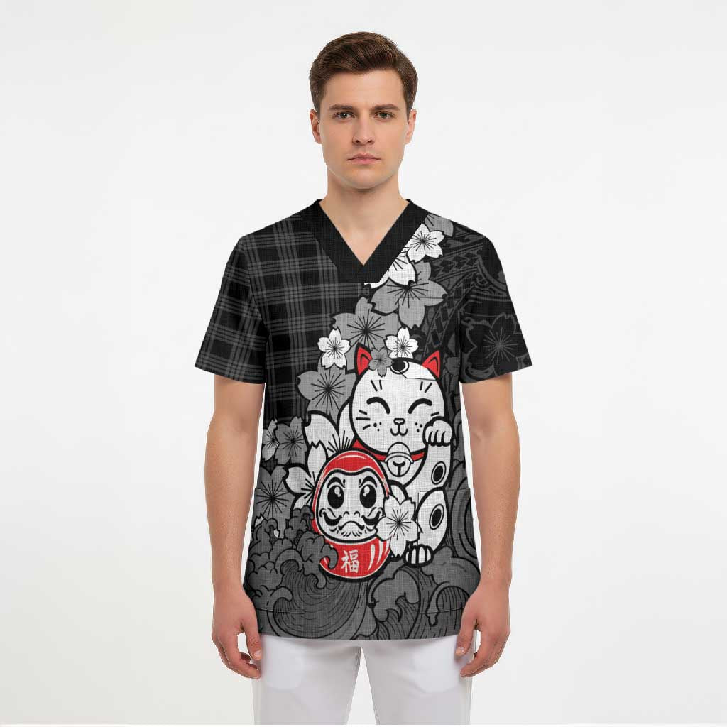 Black Palaka Hawaiian And Japanese Scrub Top Maneki Neko And Sakura Bloom