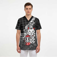 Black Palaka Hawaiian And Japanese Scrub Top Maneki Neko And Sakura Bloom