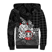 Black Palaka Hawaiian And Japanese Sherpa Hoodie Maneki Neko And Sakura Bloom DT05 - Polynesian Pride