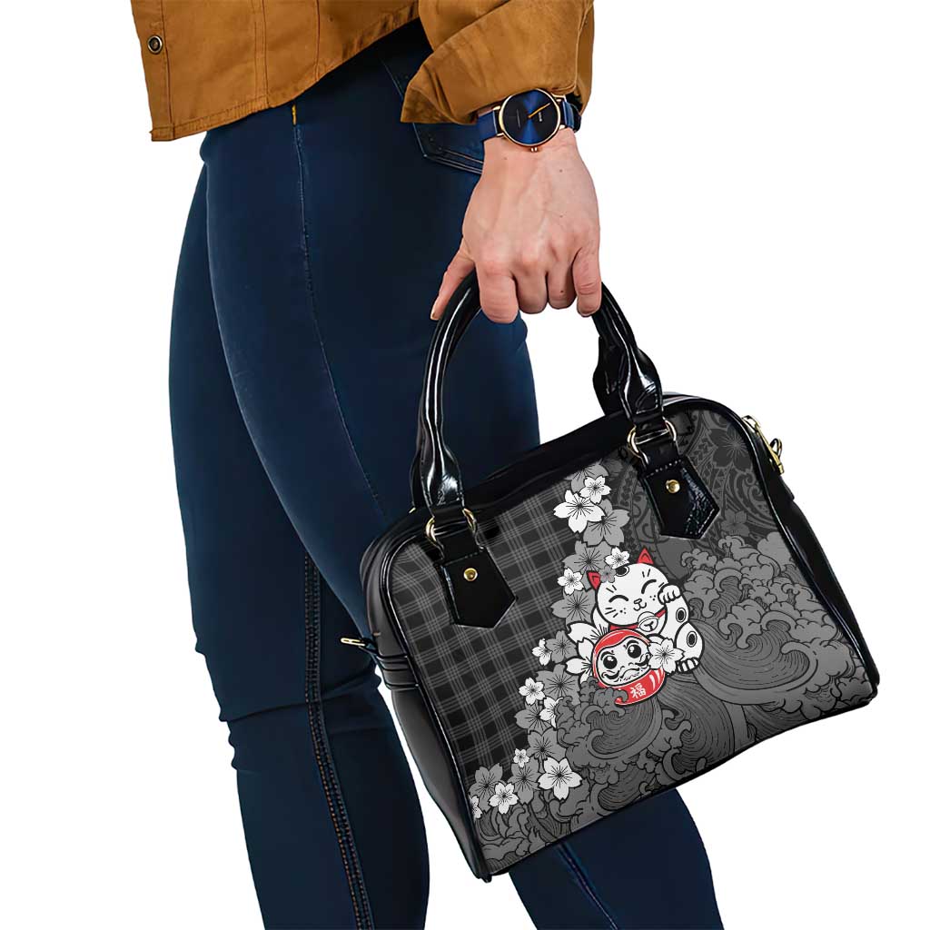 Black Palaka Hawaiian And Japanese Shoulder Handbag Maneki Neko And Sakura Bloom