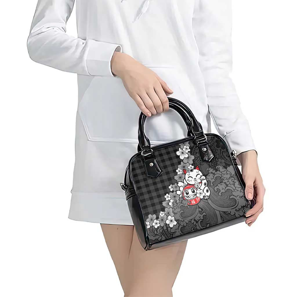 Black Palaka Hawaiian And Japanese Shoulder Handbag Maneki Neko And Sakura Bloom