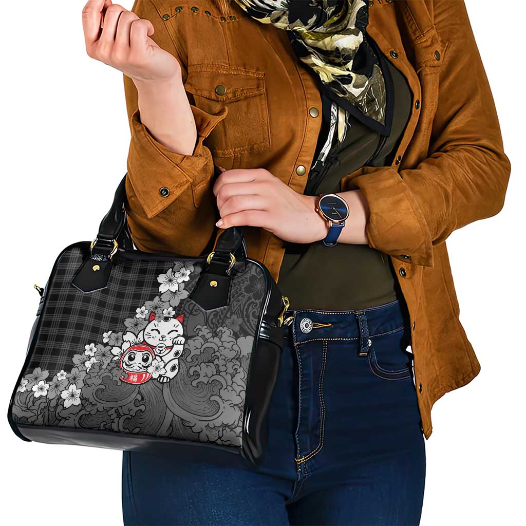 Black Palaka Hawaiian And Japanese Shoulder Handbag Maneki Neko And Sakura Bloom