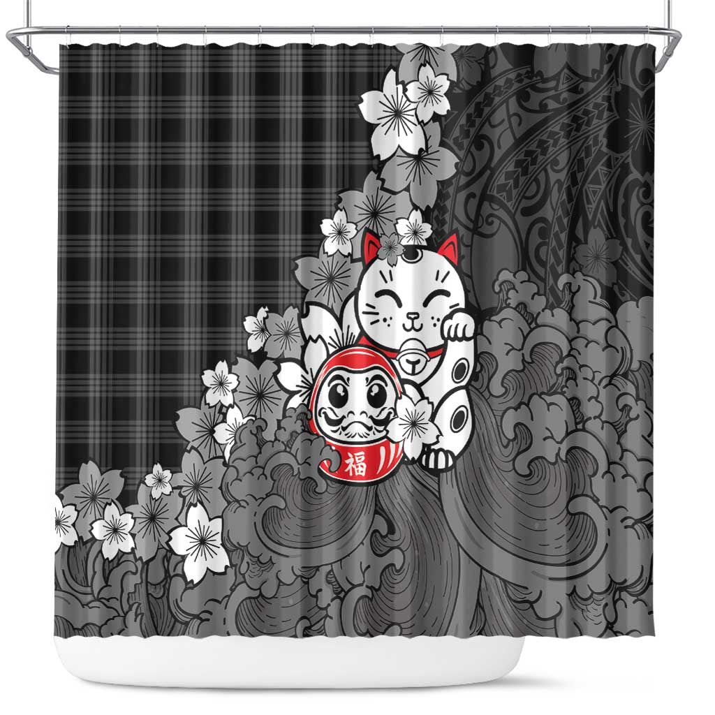 Black Palaka Hawaiian And Japanese Shower Curtain Maneki Neko And Sakura Bloom DT05 Black - Polynesian Pride