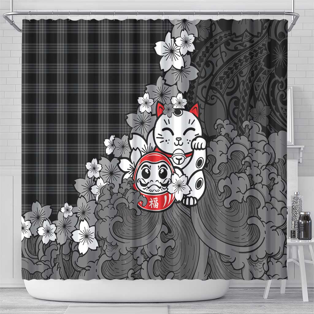 Black Palaka Hawaiian And Japanese Shower Curtain Maneki Neko And Sakura Bloom DT05 - Polynesian Pride