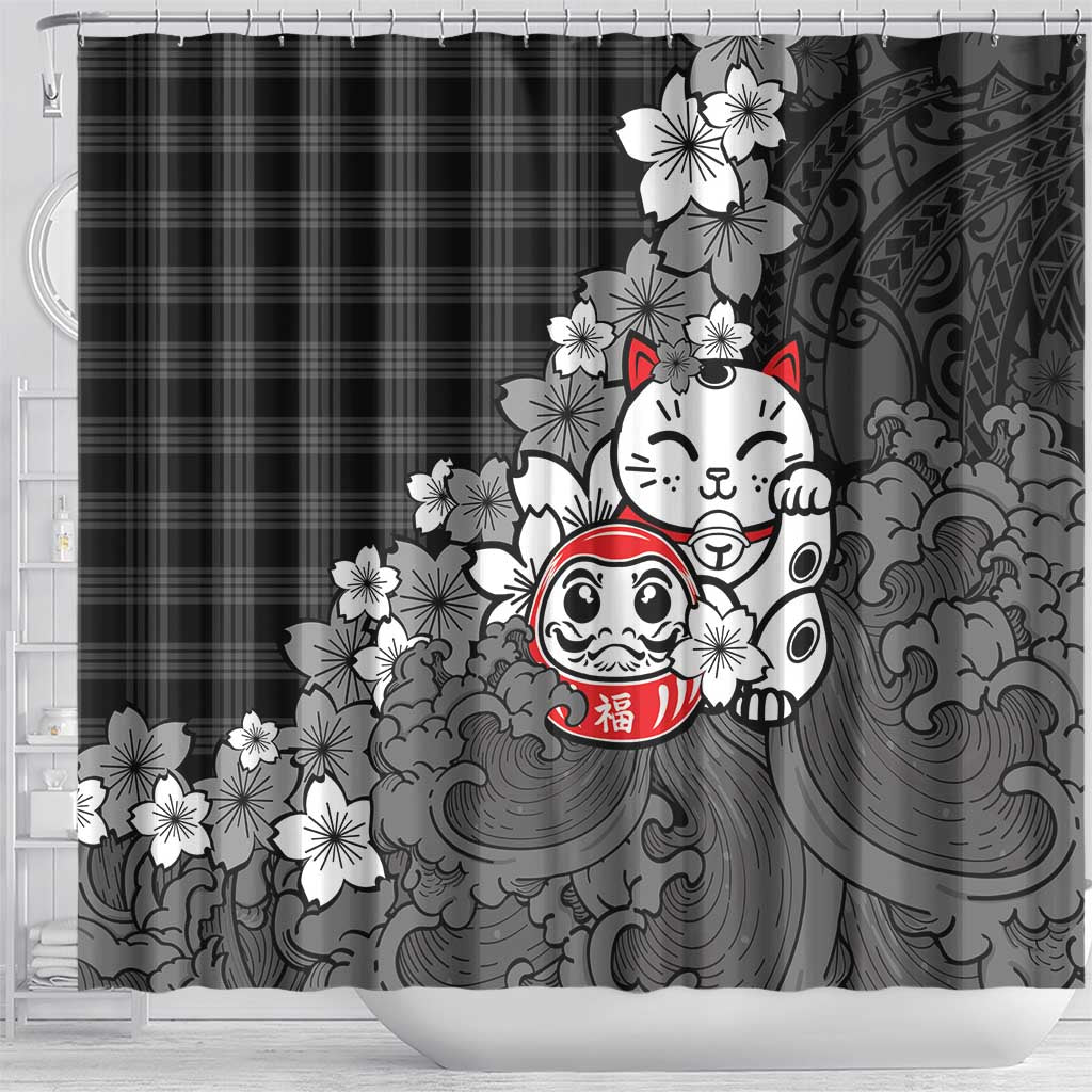 Black Palaka Hawaiian And Japanese Shower Curtain Maneki Neko And Sakura Bloom DT05 - Polynesian Pride