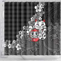 Black Palaka Hawaiian And Japanese Shower Curtain Maneki Neko And Sakura Bloom DT05 - Polynesian Pride