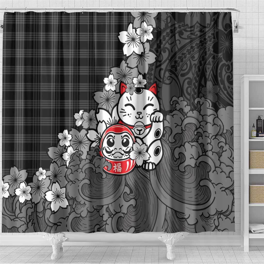 Black Palaka Hawaiian And Japanese Shower Curtain Maneki Neko And Sakura Bloom DT05 - Polynesian Pride