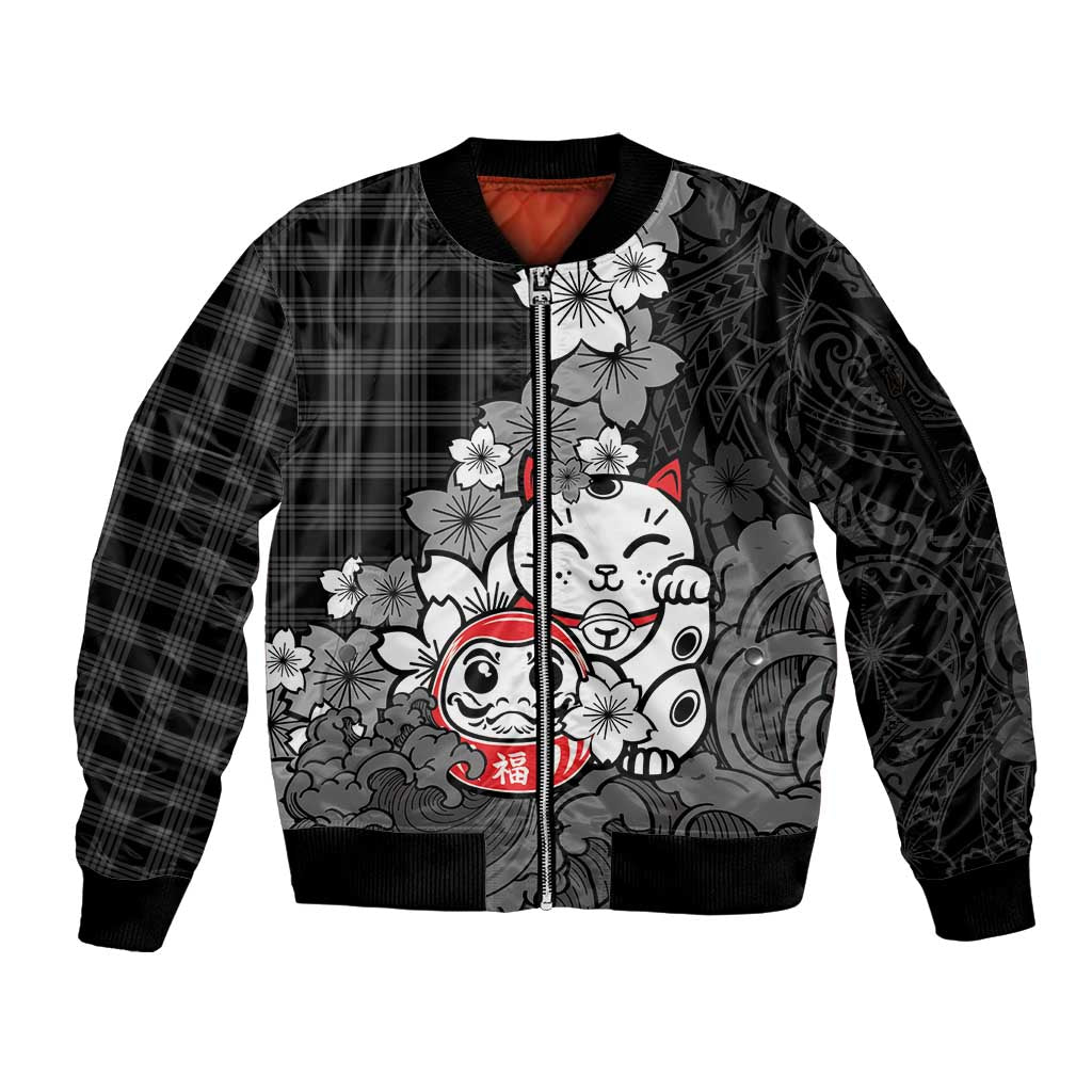 Black Palaka Hawaiian And Japanese Sleeve Zip Bomber Jacket Maneki Neko And Sakura Bloom DT05 Unisex Black - Polynesian Pride