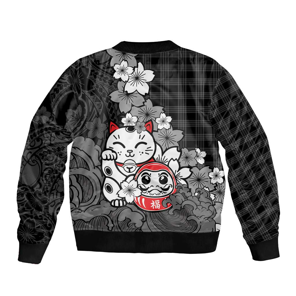 Black Palaka Hawaiian And Japanese Sleeve Zip Bomber Jacket Maneki Neko And Sakura Bloom DT05 - Polynesian Pride