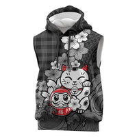 Black Palaka Hawaiian And Japanese Sleeveless Hoodie Maneki Neko And Sakura Bloom