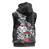 Black Palaka Hawaiian And Japanese Sleeveless Hoodie Maneki Neko And Sakura Bloom