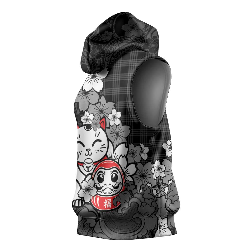 Black Palaka Hawaiian And Japanese Sleeveless Hoodie Maneki Neko And Sakura Bloom