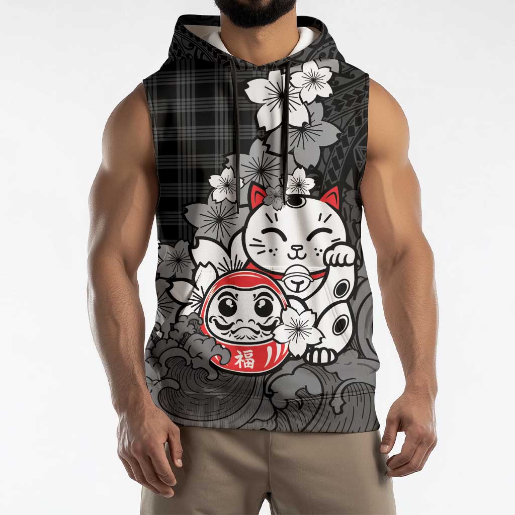 Black Palaka Hawaiian And Japanese Sleeveless Hoodie Maneki Neko And Sakura Bloom
