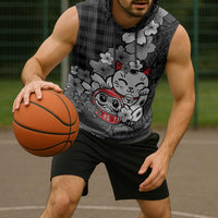 Black Palaka Hawaiian And Japanese Sleeveless Hoodie Maneki Neko And Sakura Bloom