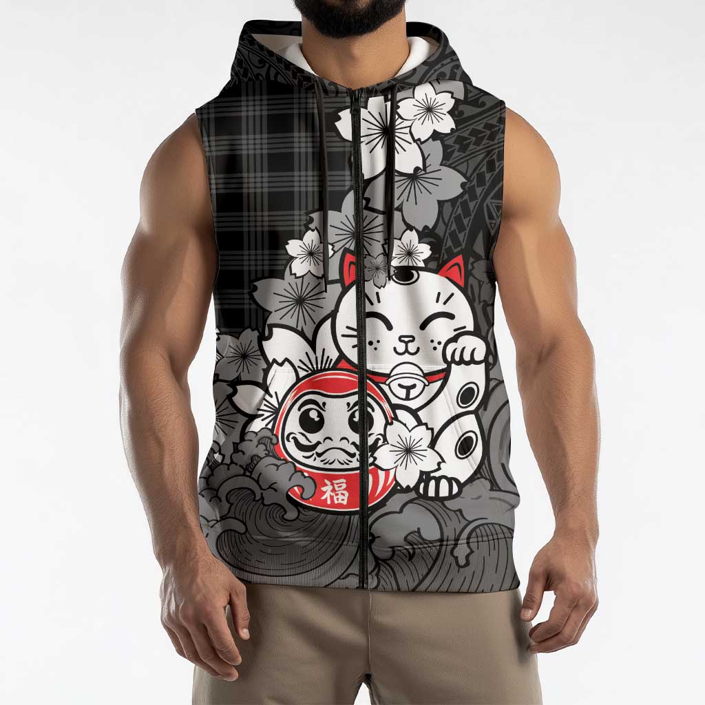 Black Palaka Hawaiian And Japanese Sleeveless Zip Hoodie Maneki Neko And Sakura Bloom DT05 - Polynesian Pride