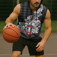 Black Palaka Hawaiian And Japanese Sleeveless Zip Hoodie Maneki Neko And Sakura Bloom DT05 - Polynesian Pride