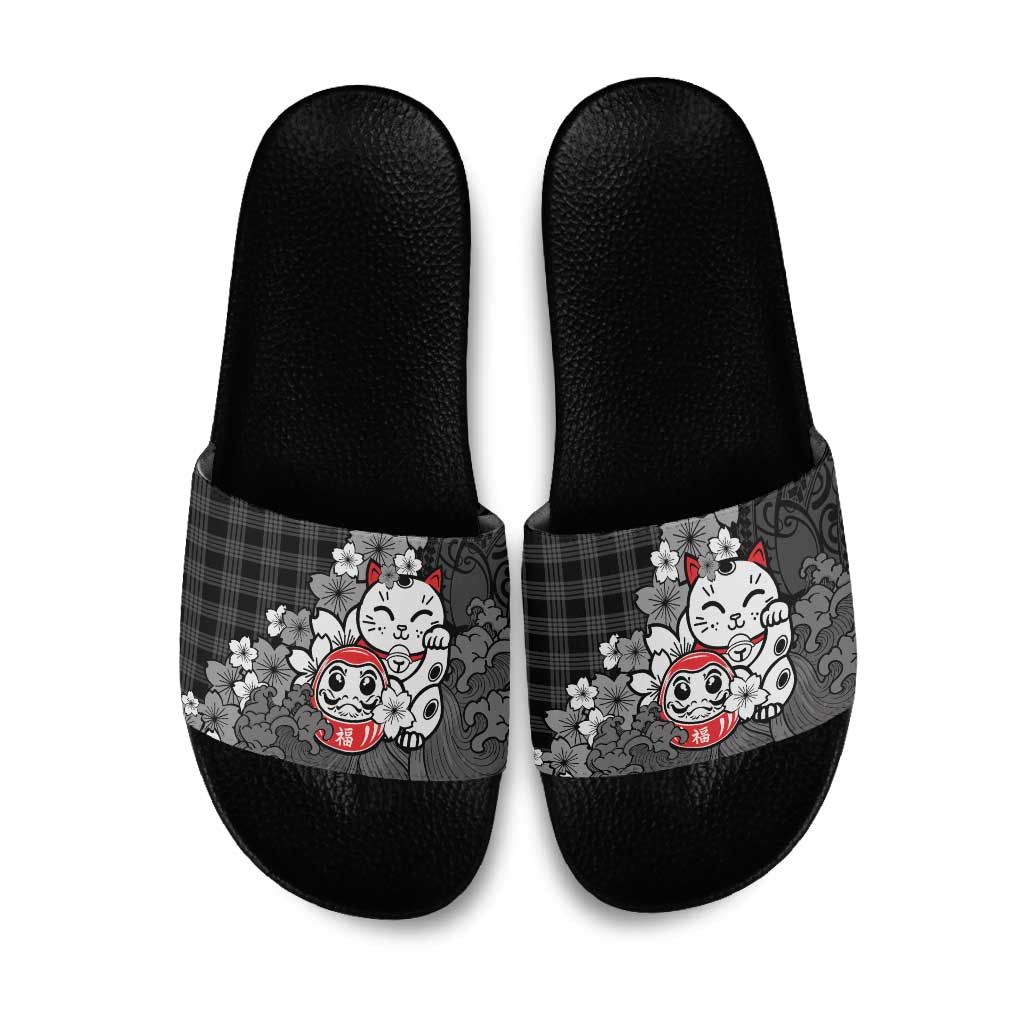Black Palaka Hawaiian And Japanese Slide Sandals Maneki Neko And Sakura Bloom DT05 Black - Polynesian Pride