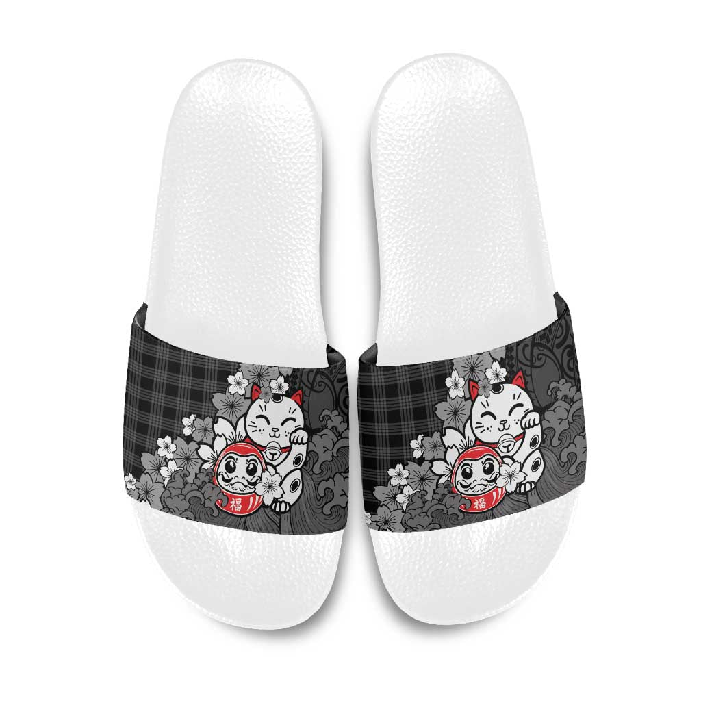 Black Palaka Hawaiian And Japanese Slide Sandals Maneki Neko And Sakura Bloom DT05 Black - Polynesian Pride
