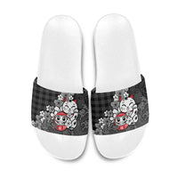 Black Palaka Hawaiian And Japanese Slide Sandals Maneki Neko And Sakura Bloom DT05 Black - Polynesian Pride