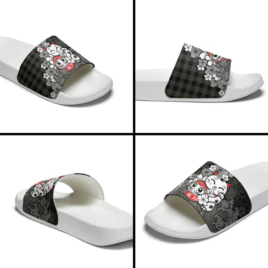 Black Palaka Hawaiian And Japanese Slide Sandals Maneki Neko And Sakura Bloom DT05 - Polynesian Pride