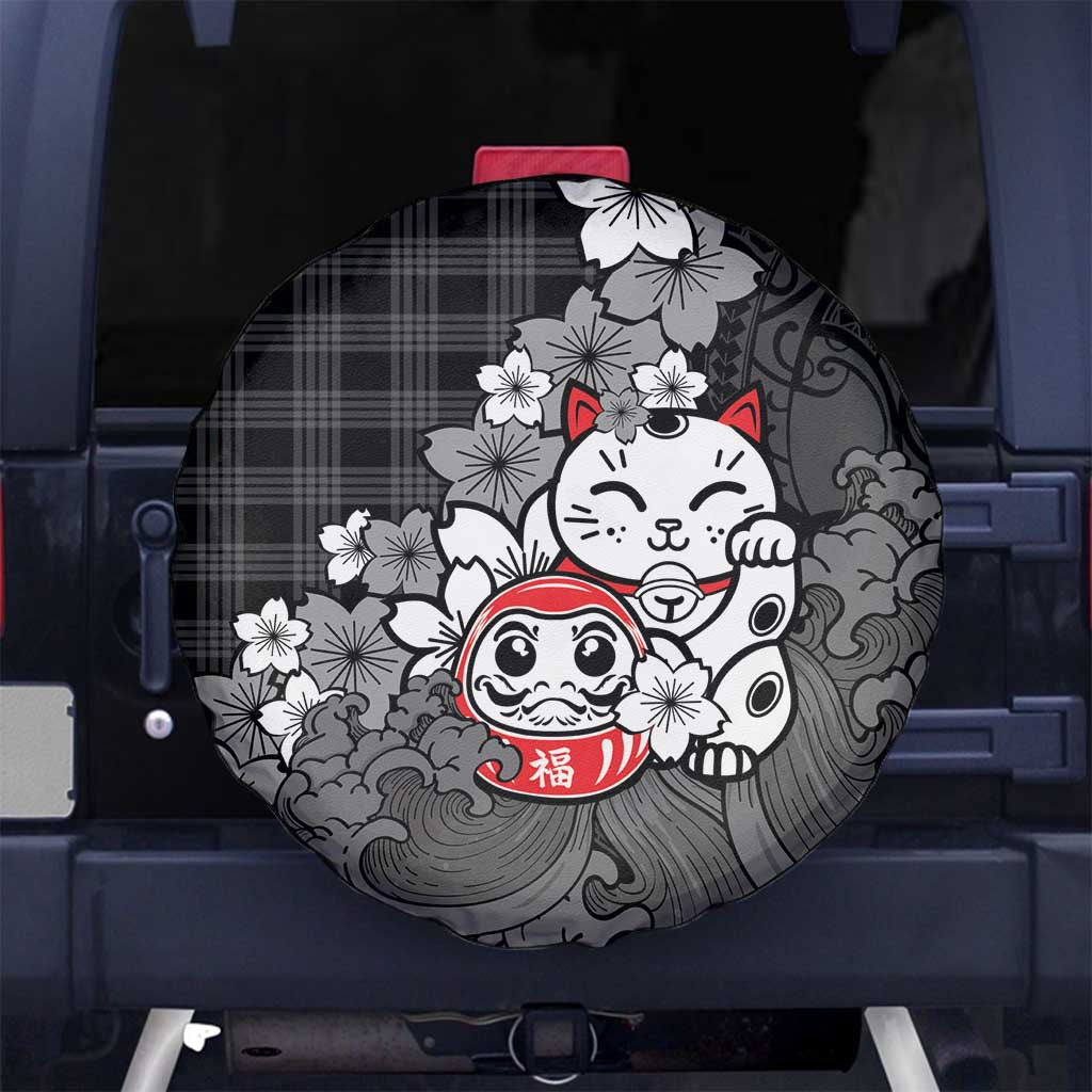 Black Palaka Hawaiian And Japanese Spare Tire Cover Maneki Neko And Sakura Bloom DT05 No hole Black - Polynesian Pride