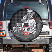 Black Palaka Hawaiian And Japanese Spare Tire Cover Maneki Neko And Sakura Bloom DT05 Black - Polynesian Pride