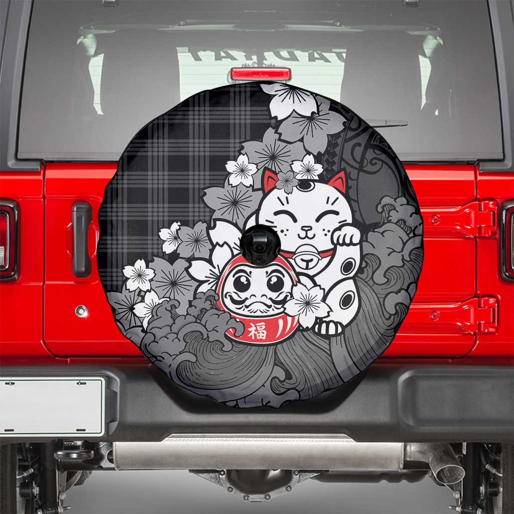 Black Palaka Hawaiian And Japanese Spare Tire Cover Maneki Neko And Sakura Bloom DT05 - Polynesian Pride