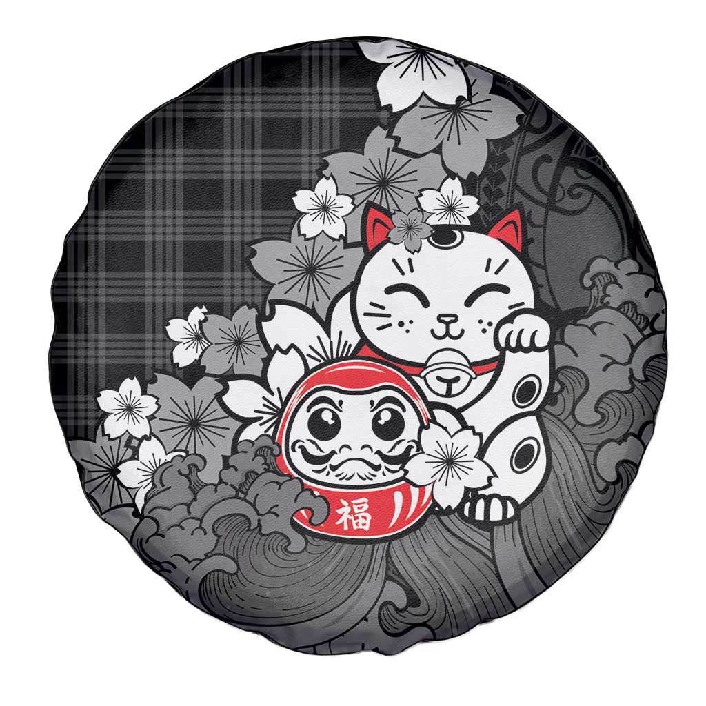 Black Palaka Hawaiian And Japanese Spare Tire Cover Maneki Neko And Sakura Bloom DT05 - Polynesian Pride