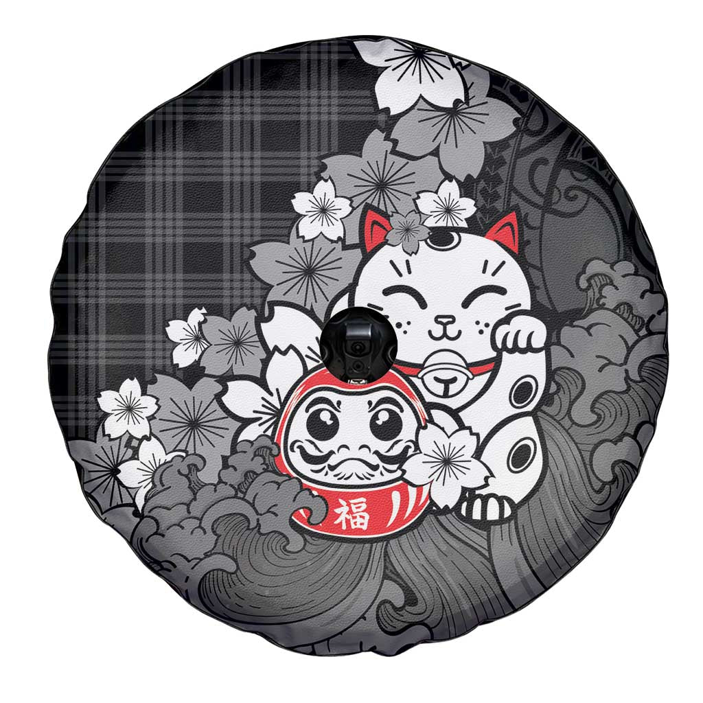 Black Palaka Hawaiian And Japanese Spare Tire Cover Maneki Neko And Sakura Bloom DT05 - Polynesian Pride