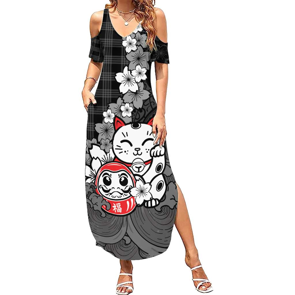 Black Palaka Hawaiian And Japanese Summer Maxi Dress Maneki Neko And Sakura Bloom DT05 Women Black - Polynesian Pride