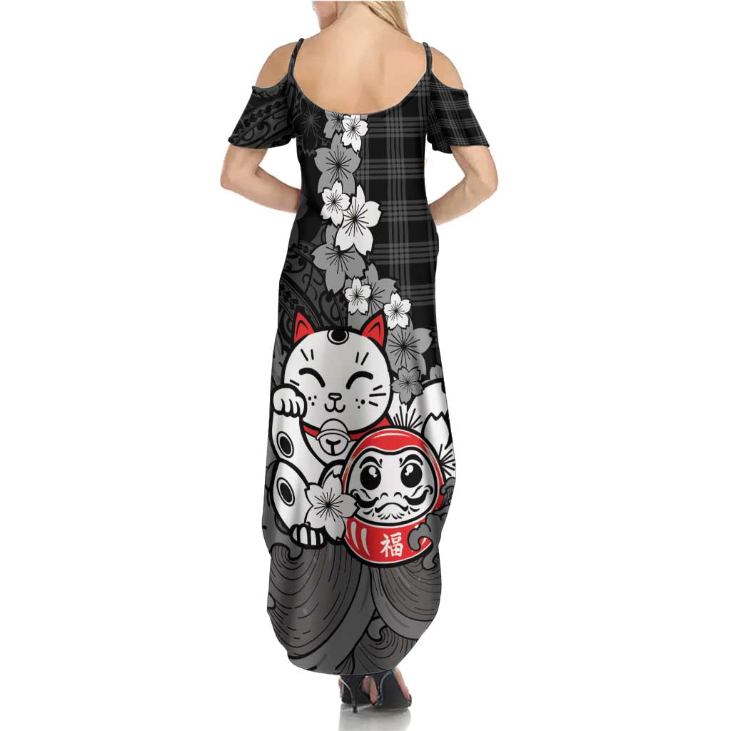 Black Palaka Hawaiian And Japanese Summer Maxi Dress Maneki Neko And Sakura Bloom DT05 - Polynesian Pride