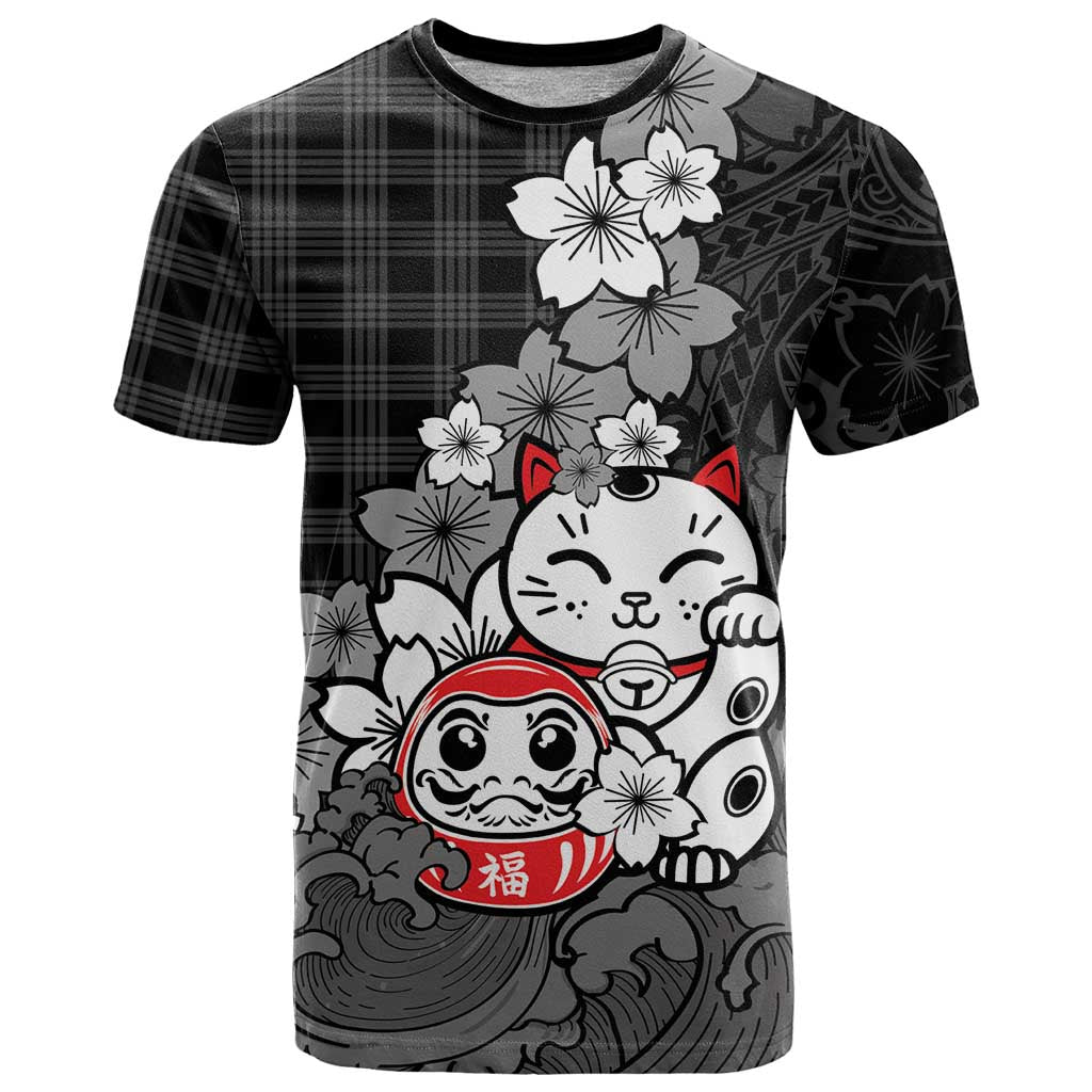 Black Palaka Hawaiian And Japanese T Shirt Maneki Neko And Sakura Bloom DT05 Black - Polynesian Pride