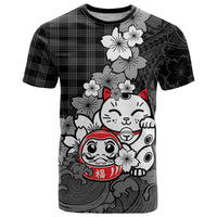Black Palaka Hawaiian And Japanese T Shirt Maneki Neko And Sakura Bloom DT05 Black - Polynesian Pride