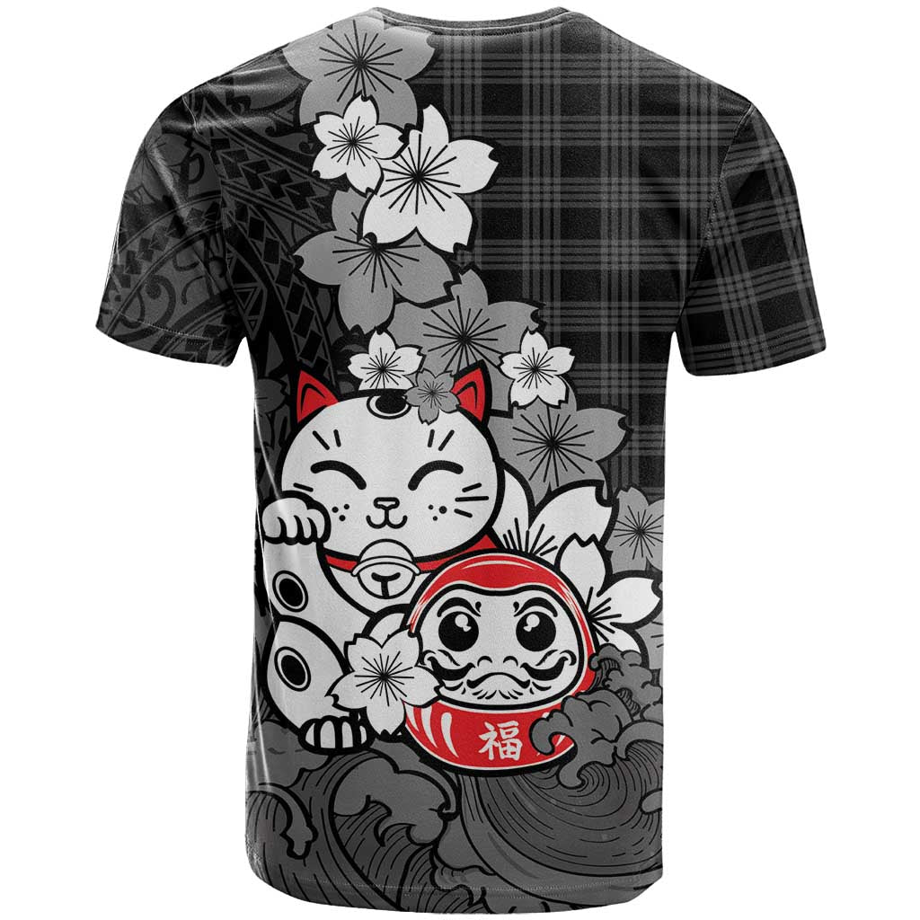 Black Palaka Hawaiian And Japanese T Shirt Maneki Neko And Sakura Bloom DT05 - Polynesian Pride