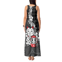 Black Palaka Hawaiian And Japanese Tank Maxi Dress Maneki Neko And Sakura Bloom DT05 - Polynesian Pride