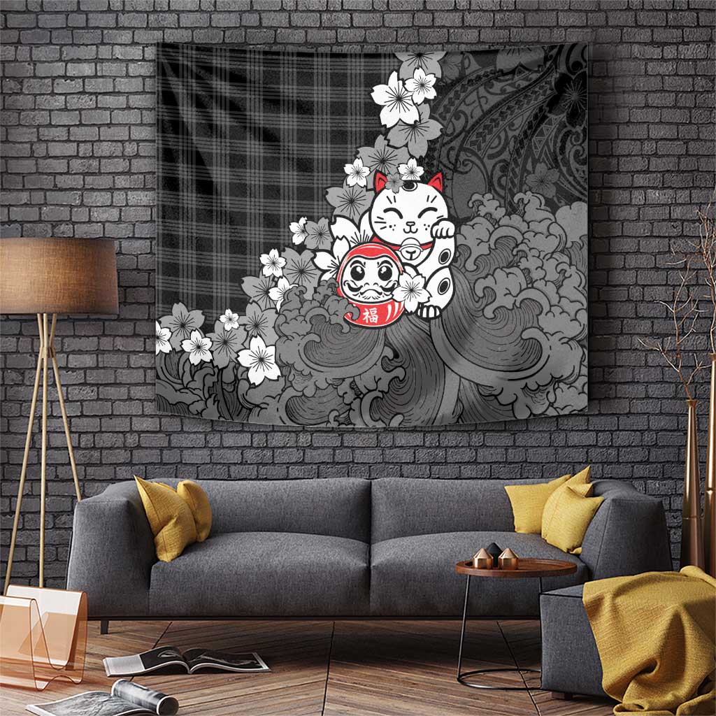 Black Palaka Hawaiian And Japanese Tapestry Maneki Neko And Sakura Bloom DT05 Black - Polynesian Pride