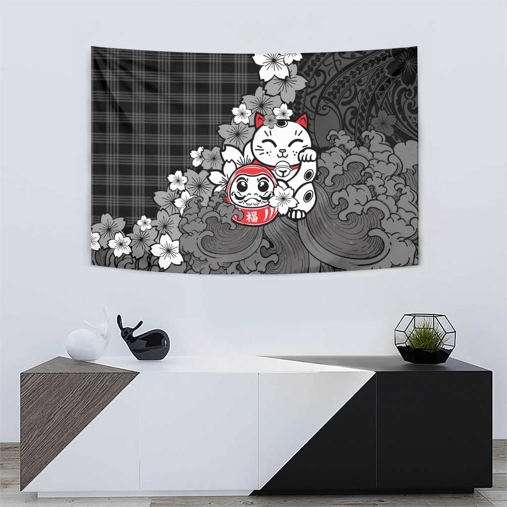 Black Palaka Hawaiian And Japanese Tapestry Maneki Neko And Sakura Bloom DT05 - Polynesian Pride