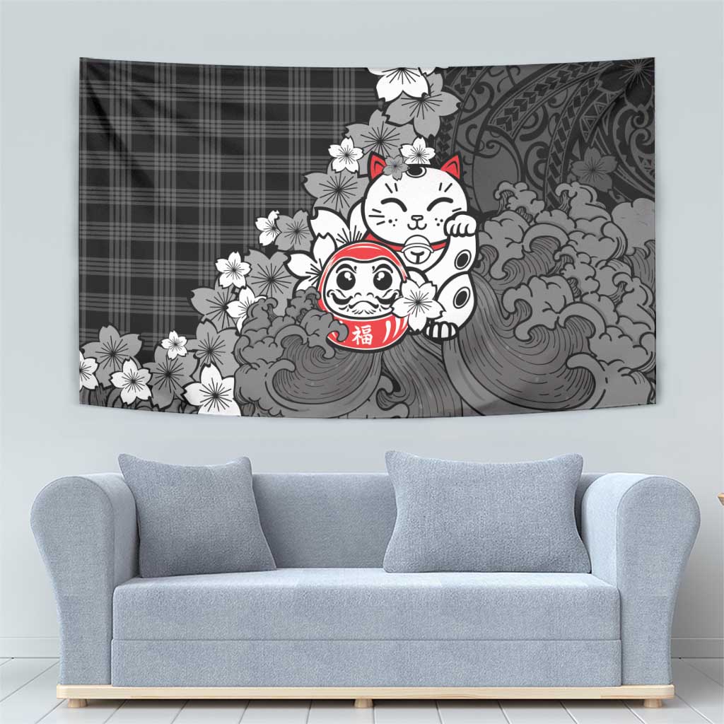 Black Palaka Hawaiian And Japanese Tapestry Maneki Neko And Sakura Bloom DT05 - Polynesian Pride
