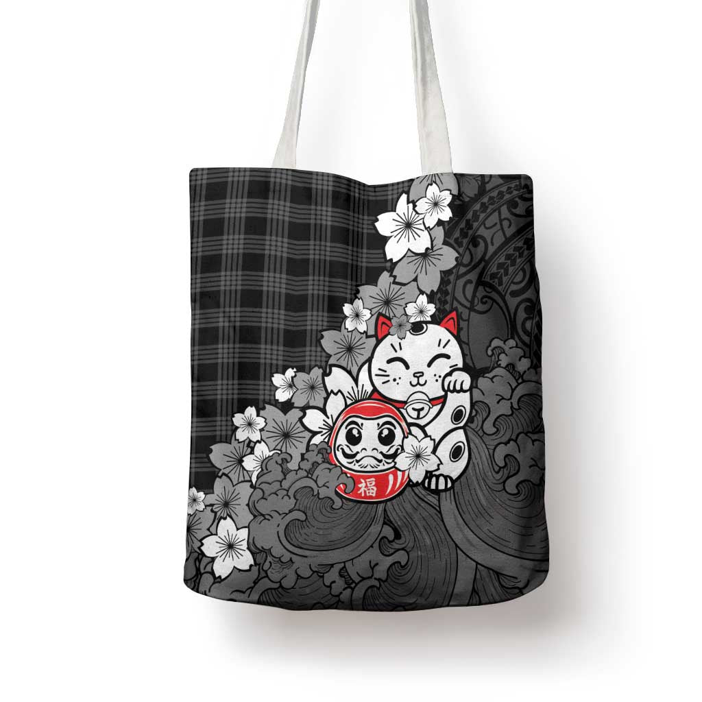 Black Palaka Hawaiian And Japanese Tote Bag Maneki Neko And Sakura Bloom DT05 - Polynesian Pride