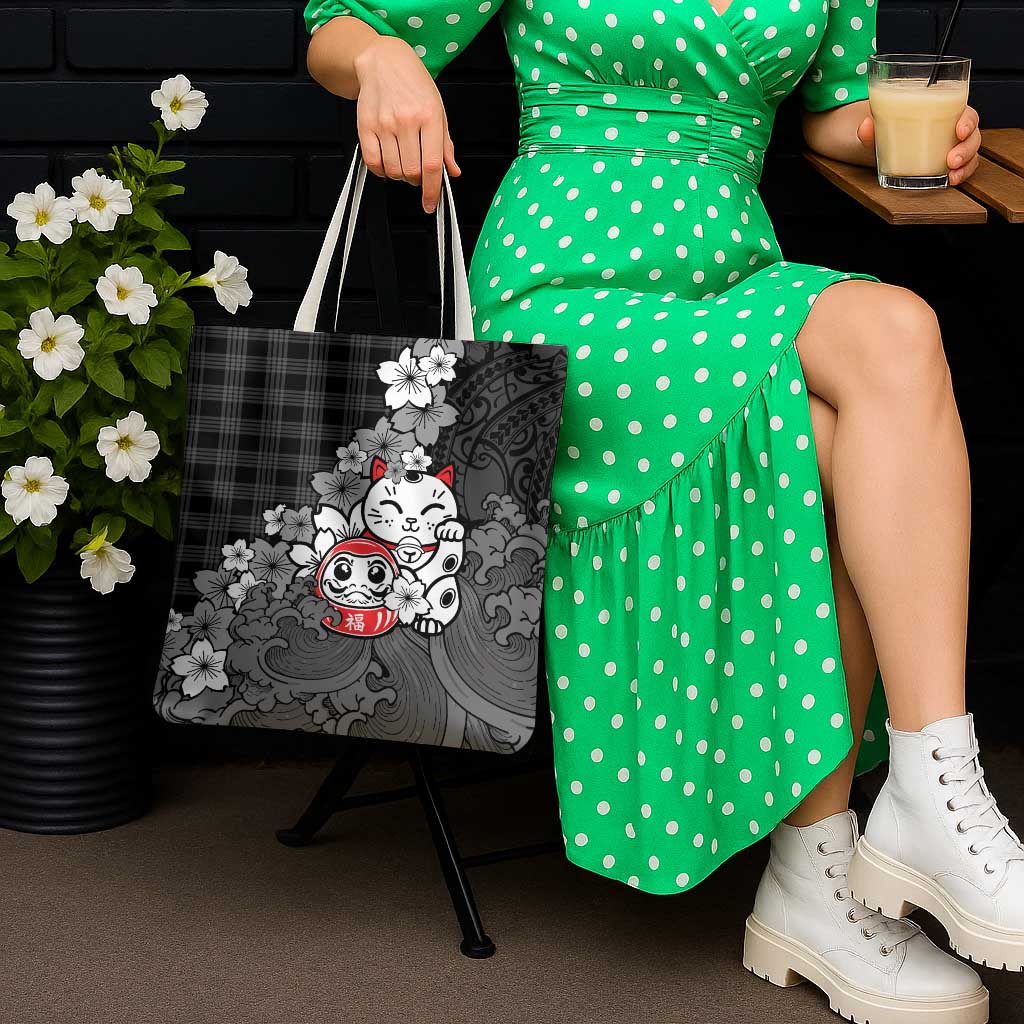 Black Palaka Hawaiian And Japanese Tote Bag Maneki Neko And Sakura Bloom DT05 - Polynesian Pride