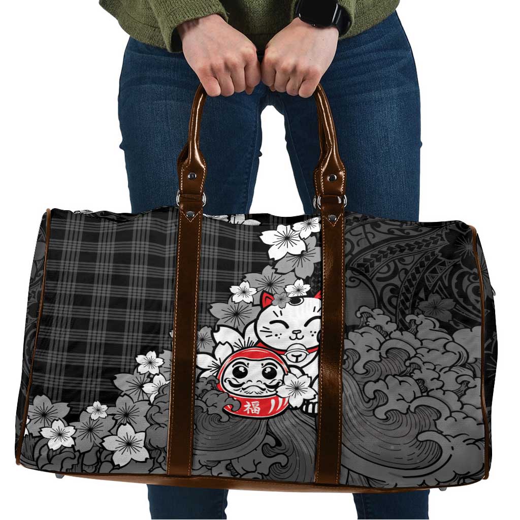 Black Palaka Hawaiian And Japanese Travel Bag Maneki Neko And Sakura Bloom