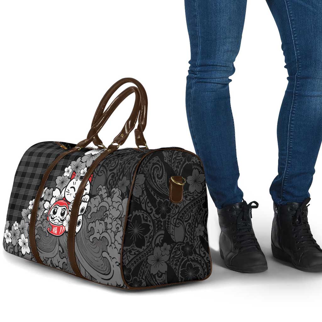 Black Palaka Hawaiian And Japanese Travel Bag Maneki Neko And Sakura Bloom