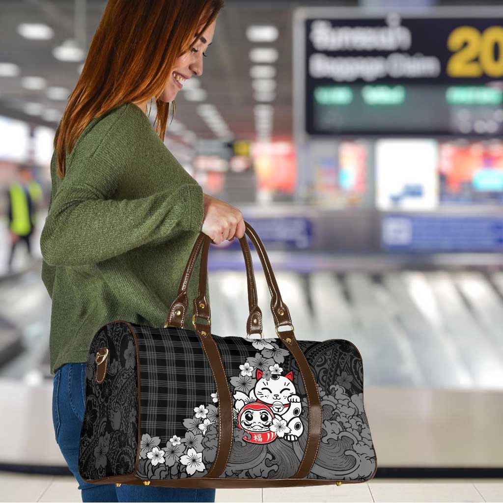Black Palaka Hawaiian And Japanese Travel Bag Maneki Neko And Sakura Bloom