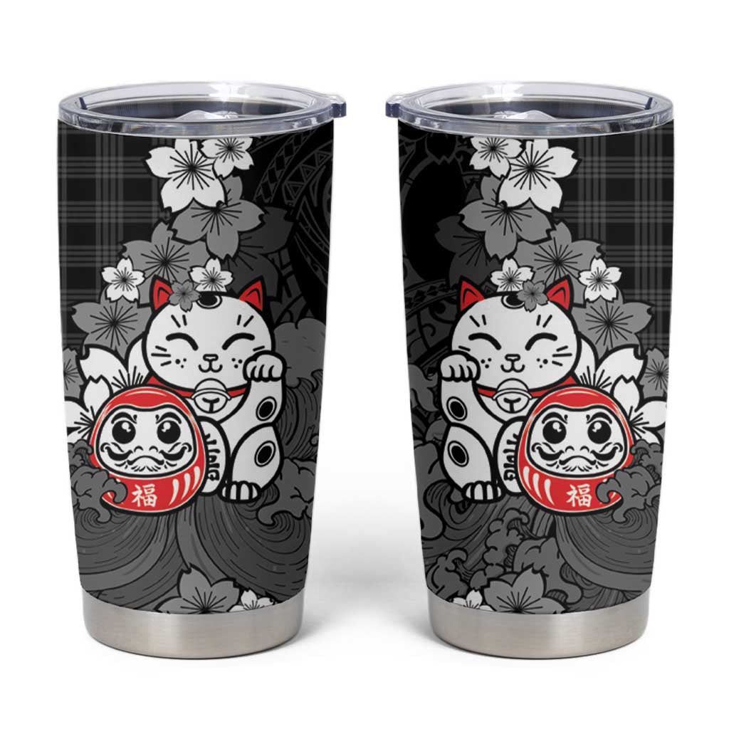 Black Palaka Hawaiian And Japanese Tumbler Cup Maneki Neko And Sakura Bloom DT05 Black - Polynesian Pride